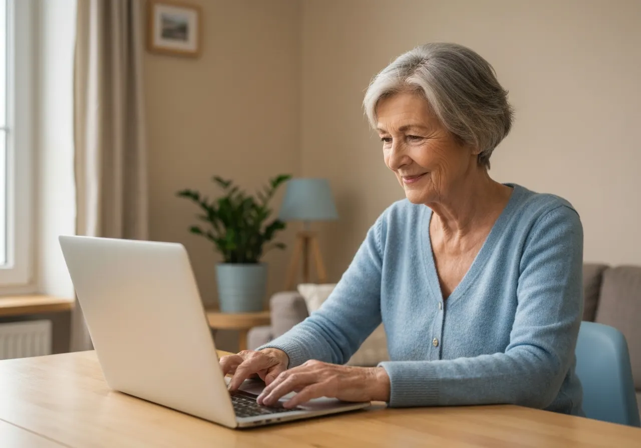 Personne âgée chez elle, en train d'utiliser un ordinateur portable dans une ambiance calme et lumineuse